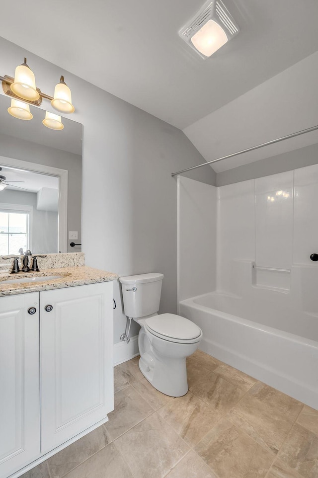 full bathroom featuring toilet, vanity, shower / bathtub combination, and a ceiling fan