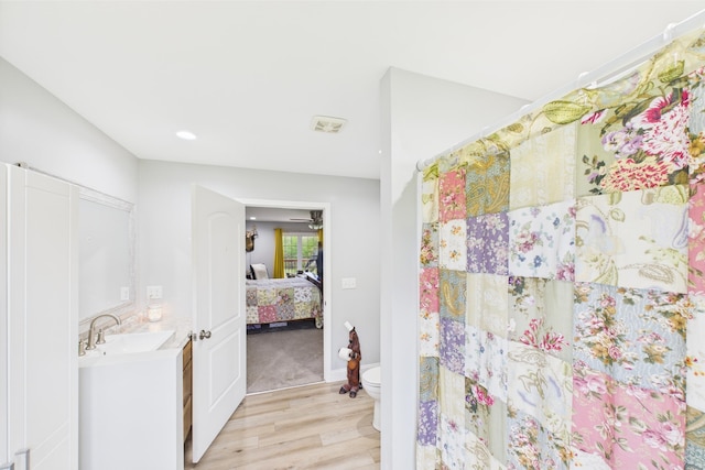 663 John R Jones Rd, London, KY 40741 - bathroom with wood finished floors, toilet, connected bathroom, vanity, and recessed lighting