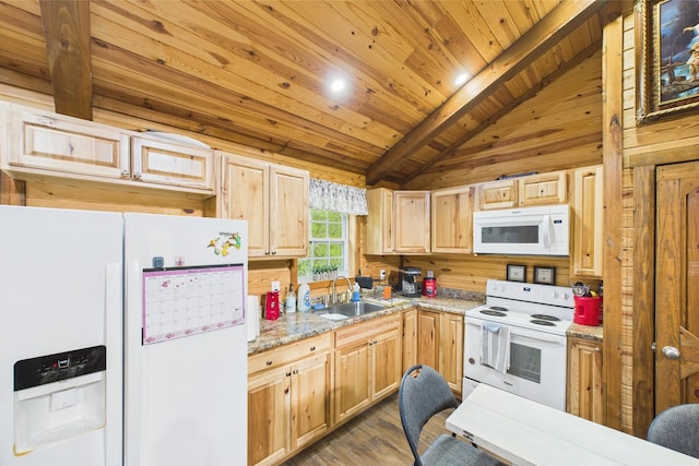 663 John R Jones Rd, London, KY 40741 - kitchen with white appliances, a sink, light brown cabinetry, wood ceiling, and dark wood-style flooring