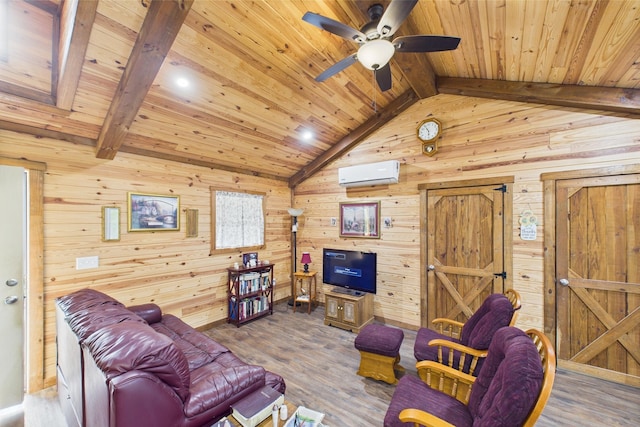663 John R Jones Rd, London, KY 40741 - living room featuring a wall mounted air conditioner, wooden ceiling, wood walls, wood finished floors, and ceiling fan