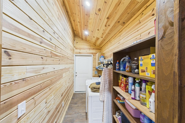 663 John R Jones Rd, London, KY 40741 - clothes washing area featuring wood walls, separate washer and dryer, wooden ceiling, and wood finished floors