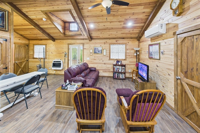 663 John R Jones Rd, London, KY 40741 - living room with a wall mounted air conditioner, wood ceiling, heating unit, wood finished floors, and wood walls