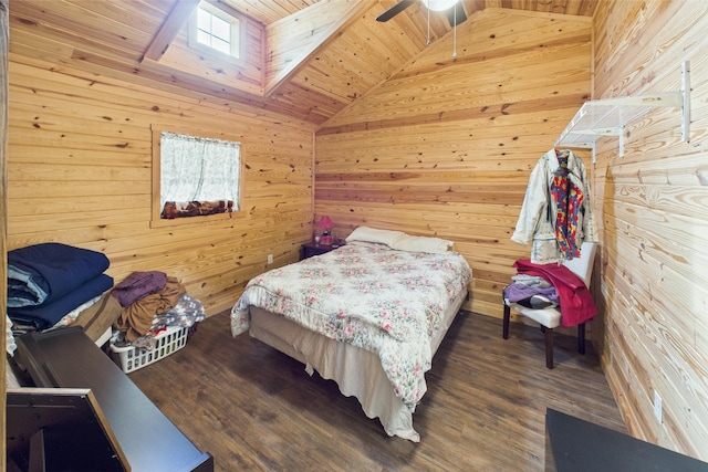 663 John R Jones Rd, London, KY 40741 - bedroom featuring vaulted ceiling, wood ceiling, wooden walls, wood finished floors, and a ceiling fan