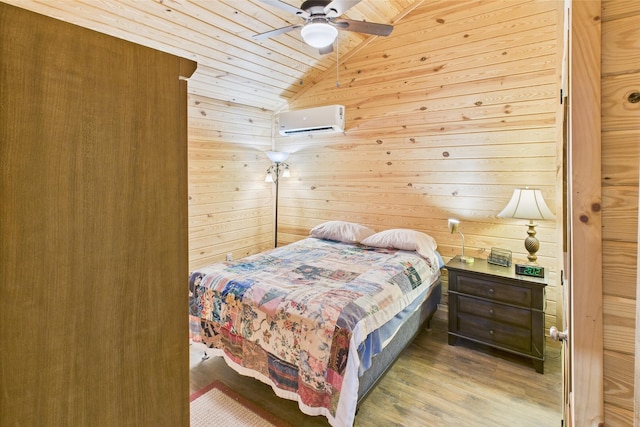 663 John R Jones Rd, London, KY 40741 - bedroom with a wall mounted air conditioner, wooden ceiling, lofted ceiling, wood finished floors, and wooden walls