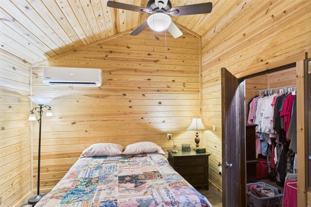 663 John R Jones Rd, London, KY 40741 - bedroom with wood ceiling, a wall mounted AC, wood walls, vaulted ceiling, and a closet