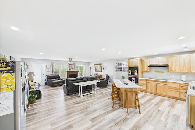 663 John R Jones Rd, London, KY 40741 - kitchen featuring light brown cabinets, recessed lighting, light wood-style flooring, under cabinet range hood, and appliances with stainless steel finishes