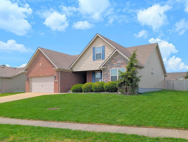 view of front of home with an attached garage, brick siding, concrete driveway, and a shingled roof
