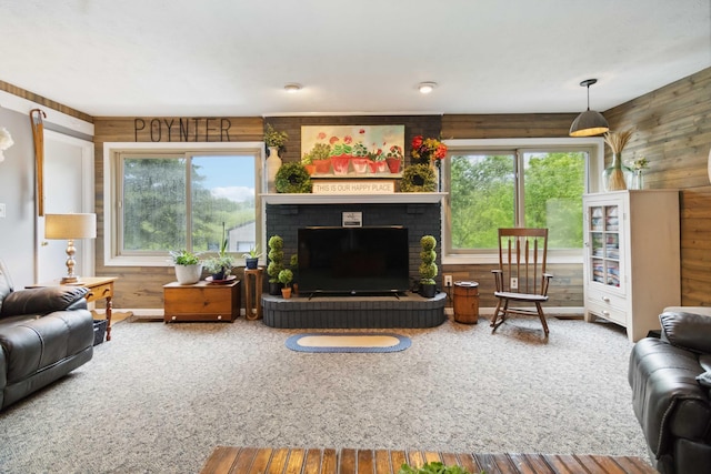 429 Old Danville Rd, Lancaster, KY 40444 - living area featuring wooden walls, a brick fireplace, and wood finished floors