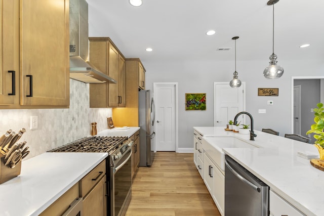 kitchen featuring appliances with stainless steel finishes, a sink, wall chimney exhaust hood, light wood-type flooring, and backsplash