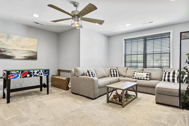 living area with a ceiling fan, carpet flooring, and recessed lighting