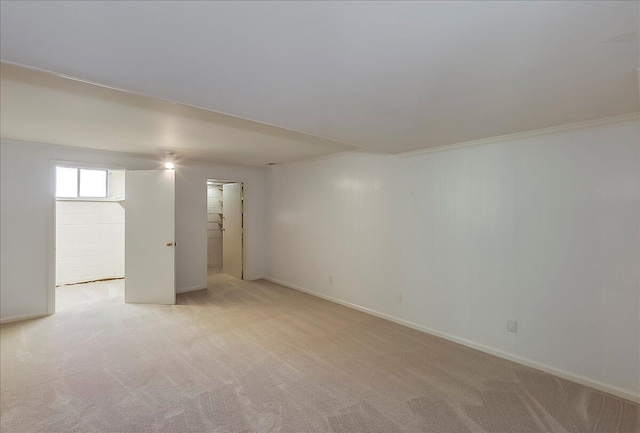 below grade area featuring light carpet