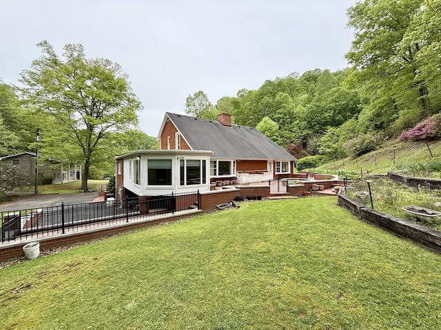 118 Timber Ln, Morehead, KY 40351 - back of house with a wooden deck, a chimney, and brick siding