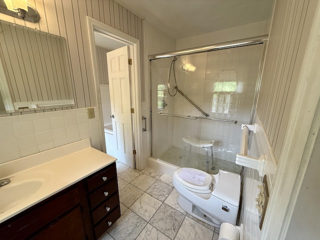 118 Timber Ln, Morehead, KY 40351 - bathroom featuring toilet, vanity, a shower stall, and marble look tile flooring