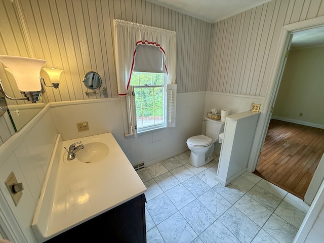 118 Timber Ln, Morehead, KY 40351 - bathroom with toilet, ornamental molding, vanity, marble finish floors, and baseboards
