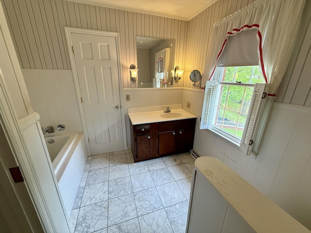 118 Timber Ln, Morehead, KY 40351 - bathroom with vanity, a garden tub, crown molding, and marble look tiles