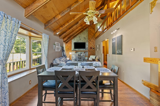 285 W Railroad St, Stanton, KY 40380 - dining area featuring wood ceiling, ceiling fan, high vaulted ceiling, beamed ceiling, and wood finished floors
