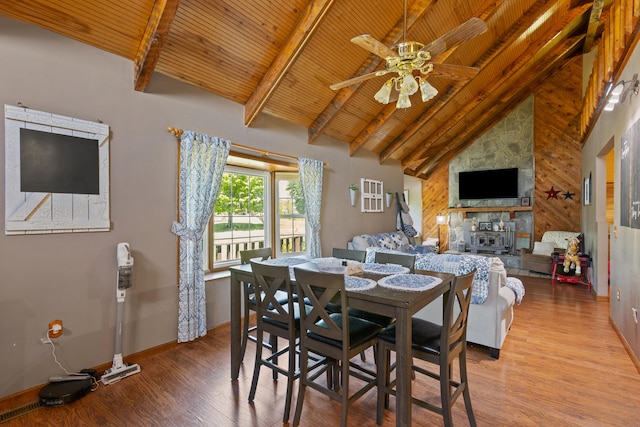 285 W Railroad St, Stanton, KY 40380 - dining area featuring wood finished floors, wood ceiling, ceiling fan, baseboards, and beamed ceiling