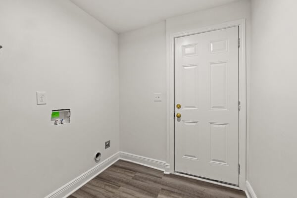426 Cardwell Ave, Harrodsburg, KY 40330 - clothes washing area featuring dark wood-style flooring, baseboards, hookup for an electric dryer, and washer hookup