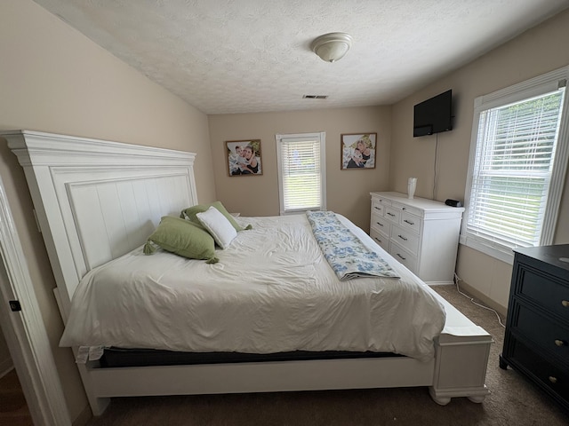 bedroom with a textured ceiling, carpet flooring, and baseboards