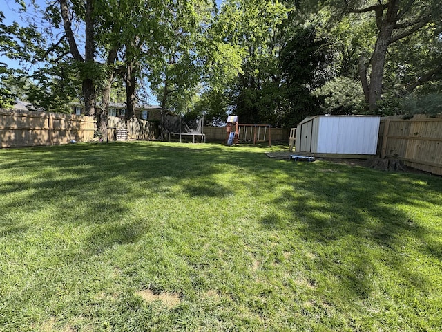 view of yard featuring a storage unit, a playground, and an outdoor structure