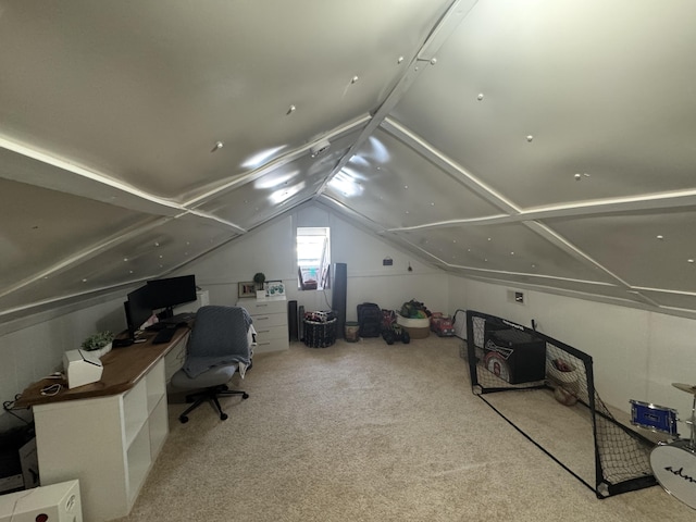 office featuring carpet and vaulted ceiling