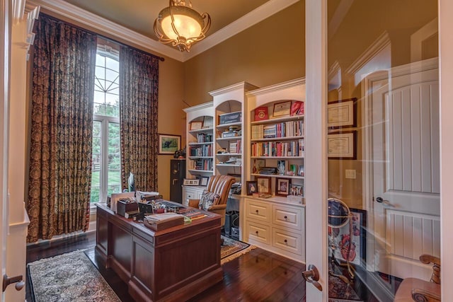 150 Old Woods Dr, Nicholasville, KY 40356 - office area featuring dark wood finished floors, ornamental molding, and a high ceiling