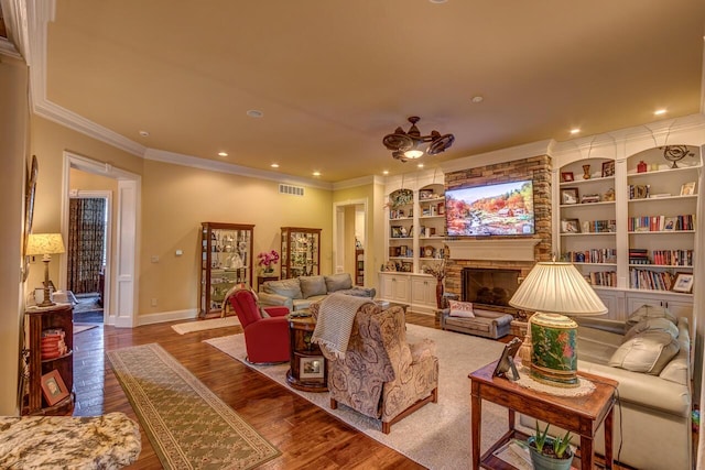 150 Old Woods Dr, Nicholasville, KY 40356 - living area with a large fireplace, ornamental molding, baseboards, wood finished floors, and recessed lighting