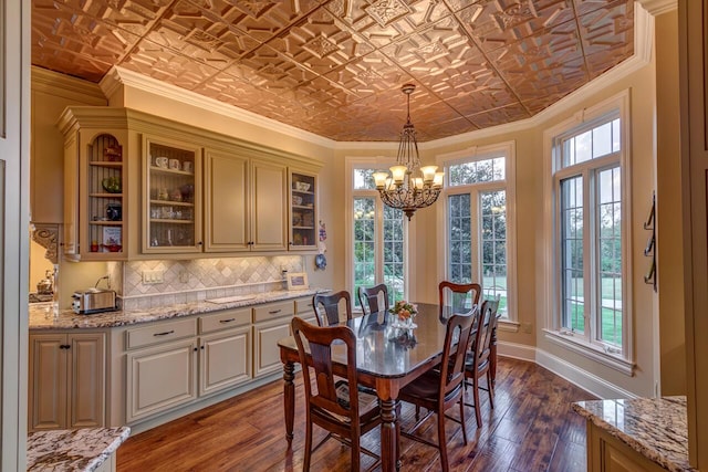 150 Old Woods Dr, Nicholasville, KY 40356 - dining room with an ornate ceiling, plenty of natural light, a chandelier, dark wood-style floors, and ornamental molding