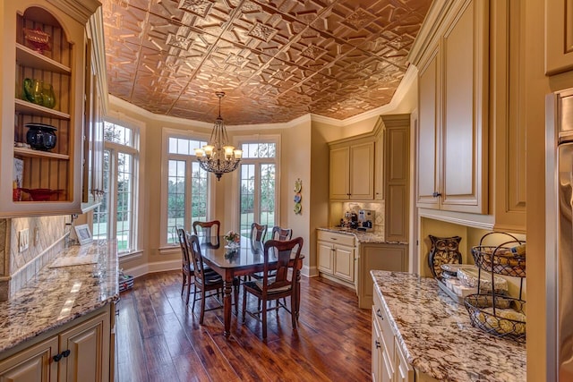 150 Old Woods Dr, Nicholasville, KY 40356 - dining space with an ornate ceiling, a chandelier, healthy amount of natural light, ornamental molding, and dark wood-style floors