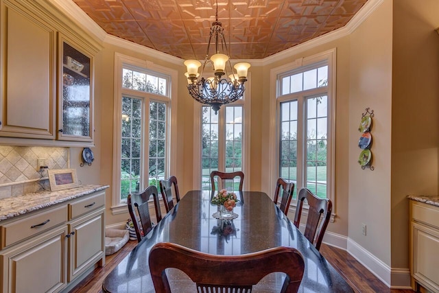 150 Old Woods Dr, Nicholasville, KY 40356 - dining room featuring an ornate ceiling, crown molding, baseboards, healthy amount of natural light, and dark wood-style floors