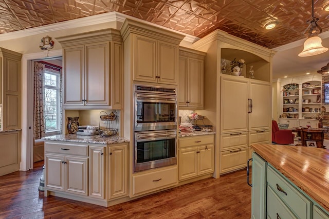 150 Old Woods Dr, Nicholasville, KY 40356 - kitchen featuring an ornate ceiling, double oven, butcher block countertops, wood finished floors, and crown molding