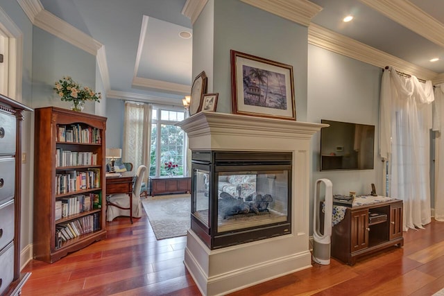 150 Old Woods Dr, Nicholasville, KY 40356 - sitting room featuring wood finished floors, ornamental molding, a multi sided fireplace, and an office area