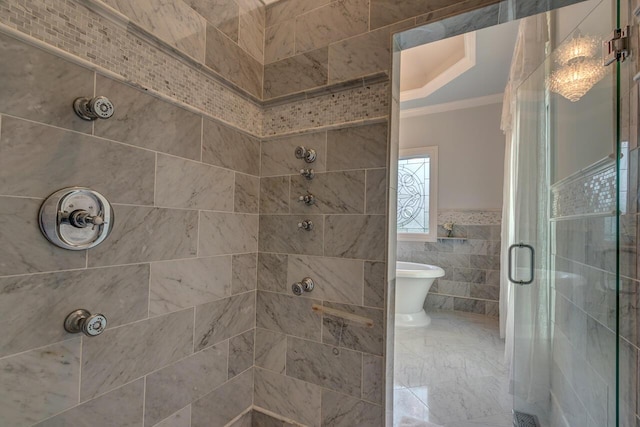 150 Old Woods Dr, Nicholasville, KY 40356 - bathroom featuring tile walls, crown molding, a stall shower, wainscoting, and marble finish floors