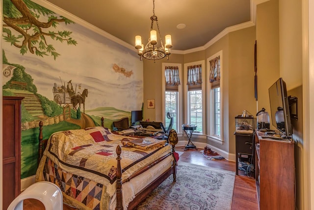 150 Old Woods Dr, Nicholasville, KY 40356 - bedroom featuring dark wood-style flooring, a chandelier, baseboards, and crown molding