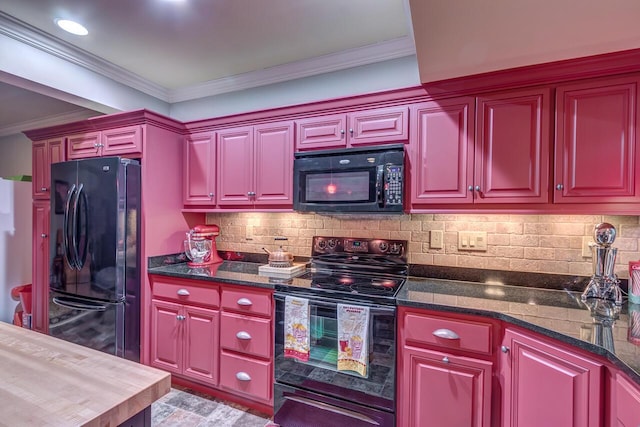 150 Old Woods Dr, Nicholasville, KY 40356 - kitchen with black appliances, ornamental molding, decorative backsplash, dark stone countertops, and dark brown cabinets