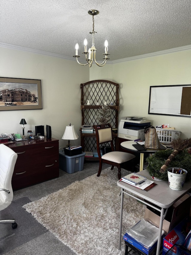 400 Natures Pointe Dr, Somerset, KY 42503 - office with a chandelier, carpet floors, crown molding, and a textured ceiling