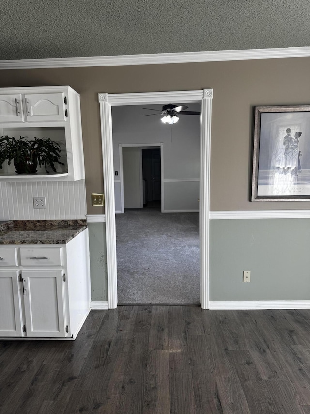 400 Natures Pointe Dr, Somerset, KY 42503 - kitchen featuring white cabinetry, a textured ceiling, dark wood-style flooring, ornamental molding, and a ceiling fan