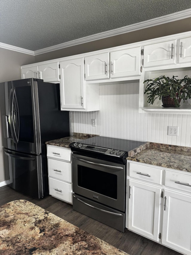 400 Natures Pointe Dr, Somerset, KY 42503 - kitchen featuring stainless steel range with electric cooktop, refrigerator with ice dispenser, white cabinetry, crown molding, and dark wood-style floors