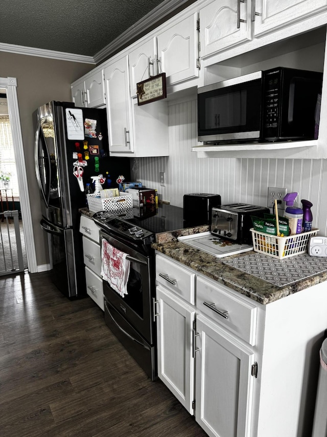 400 Natures Pointe Dr, Somerset, KY 42503 - kitchen with black appliances, crown molding, dark wood finished floors, white cabinets, and dark stone counters