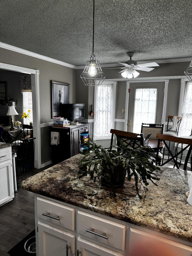 400 Natures Pointe Dr, Somerset, KY 42503 - kitchen featuring a textured ceiling, ceiling fan, white cabinetry, plenty of natural light, and crown molding