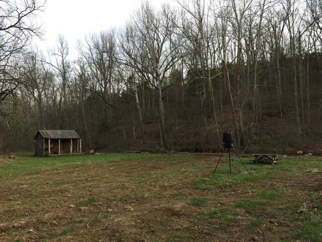 2230 Perryville Rd, Harrodsburg, KY 40330 - view of yard with an outdoor structure, a storage shed, and a wooded view