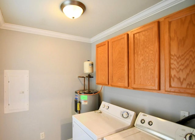 27 Bait Shop Rd, Salt Lick, KY 40371 - washroom featuring independent washer and dryer, electric panel, water heater, ornamental molding, and cabinet space