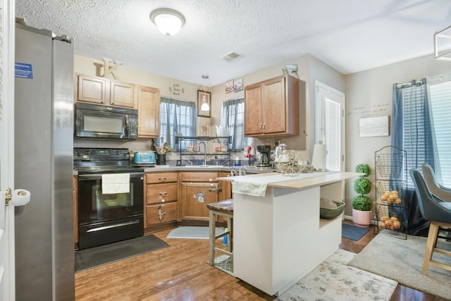 3065 Caddis Ln, Lexington, KY 40511 - kitchen with black appliances, a sink, a peninsula, light wood-type flooring, and light countertops