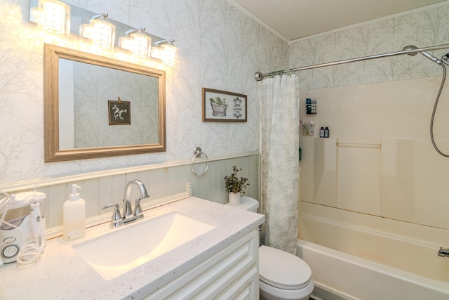 1102 Iroquois Dr, Mt Sterling, KY 40353 - full bathroom featuring wallpapered walls, toilet, shower / bathtub combination with curtain, ornamental molding, and vanity