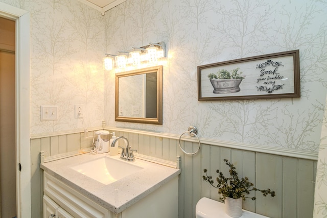 1102 Iroquois Dr, Mt Sterling, KY 40353 - half bath featuring wallpapered walls, wainscoting, vanity, toilet, and a decorative wall