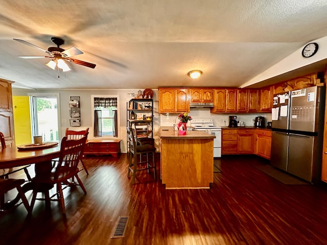 199 Langnau Rd, London, KY 40741 - kitchen with freestanding refrigerator, white electric range oven, brown cabinets, dark wood-style floors, and a textured ceiling