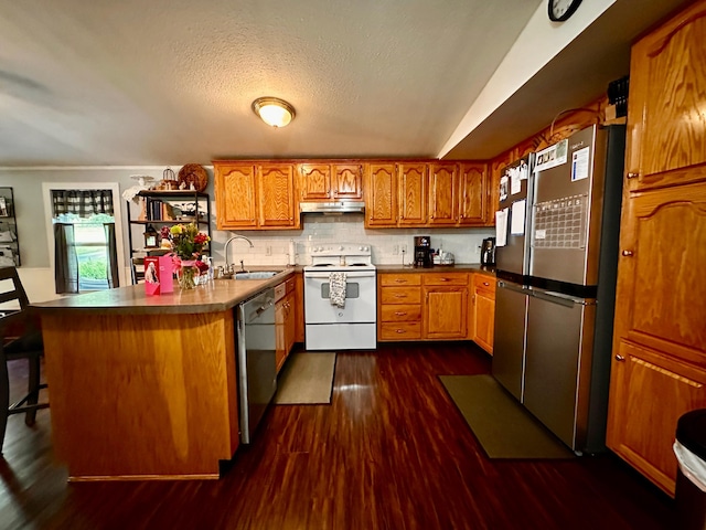 199 Langnau Rd, London, KY 40741 - kitchen with stainless steel appliances, a sink, brown cabinetry, dark wood-style flooring, and under cabinet range hood