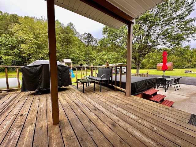 199 Langnau Rd, London, KY 40741 - deck featuring a yard, an outbuilding, a shed, and view of scattered trees