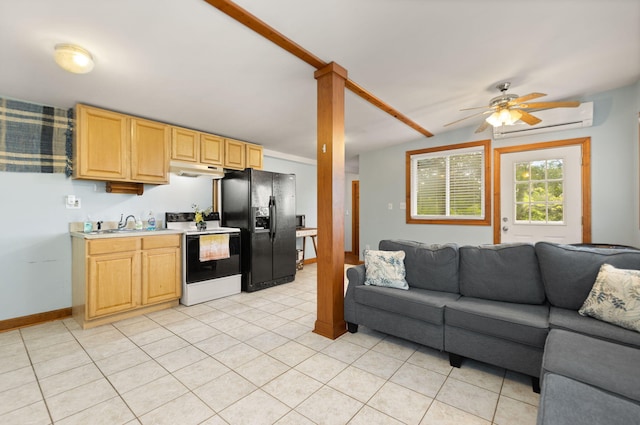 571 Whitlock Rd, Richmond, KY 40475 - kitchen featuring black fridge, electric stove, a wall mounted air conditioner, open floor plan, and under cabinet range hood
