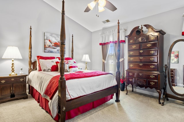 bedroom with carpet, lofted ceiling, and ceiling fan
